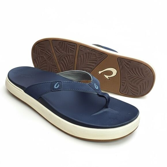 Olukai Nu'a Pi'o Platform Flip Flop Beach Sandals Trench Blue Women’s size 9 - Picture 1 of 15